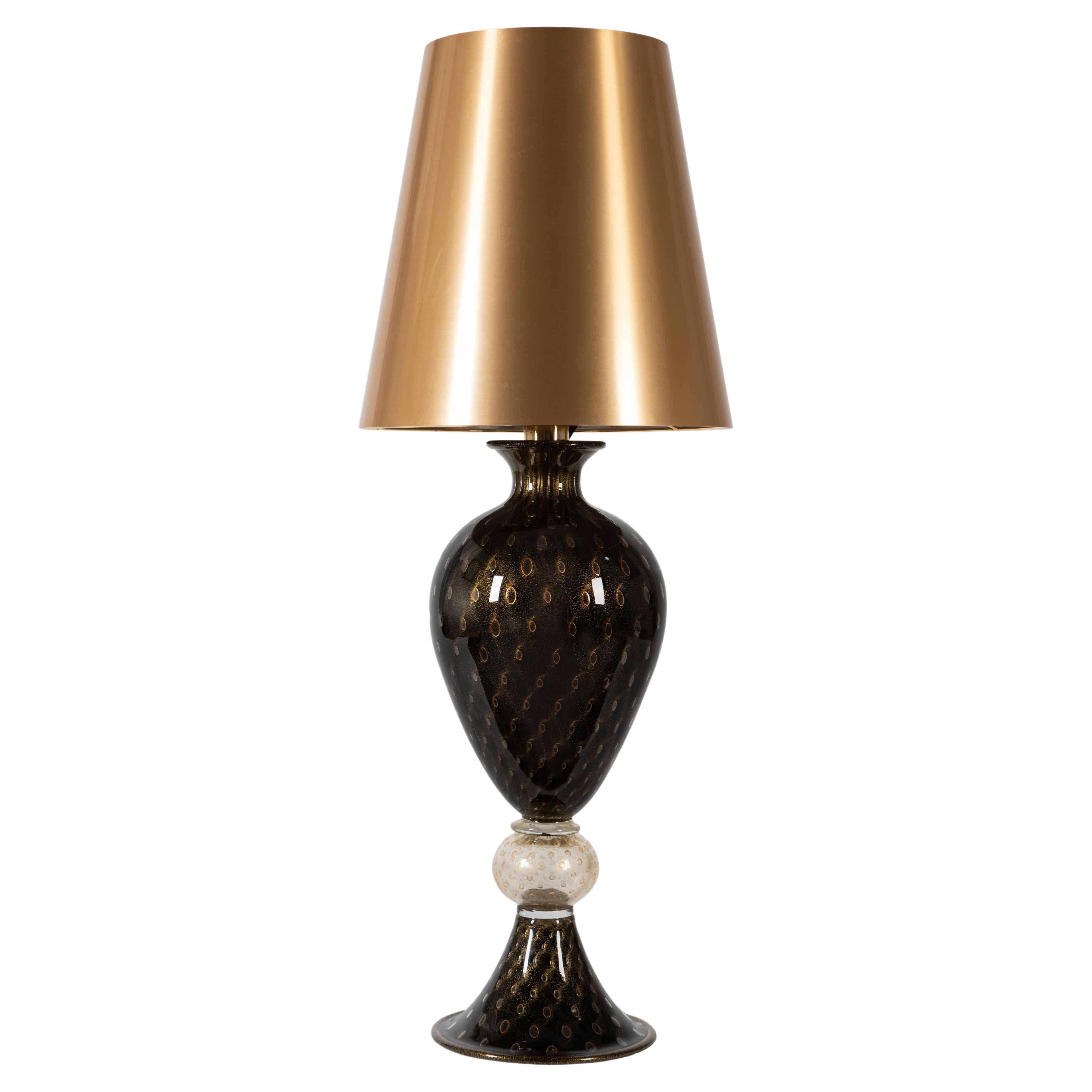 1295 Murano Hand Made Art Glass Table Lamp, Anfora Nera, 24k Gold Leaf