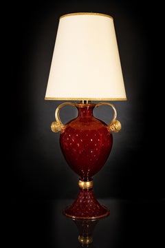 1295 Murano Hand Made Art Glass Table Lamp, Rubino, 24k Gold Leaf