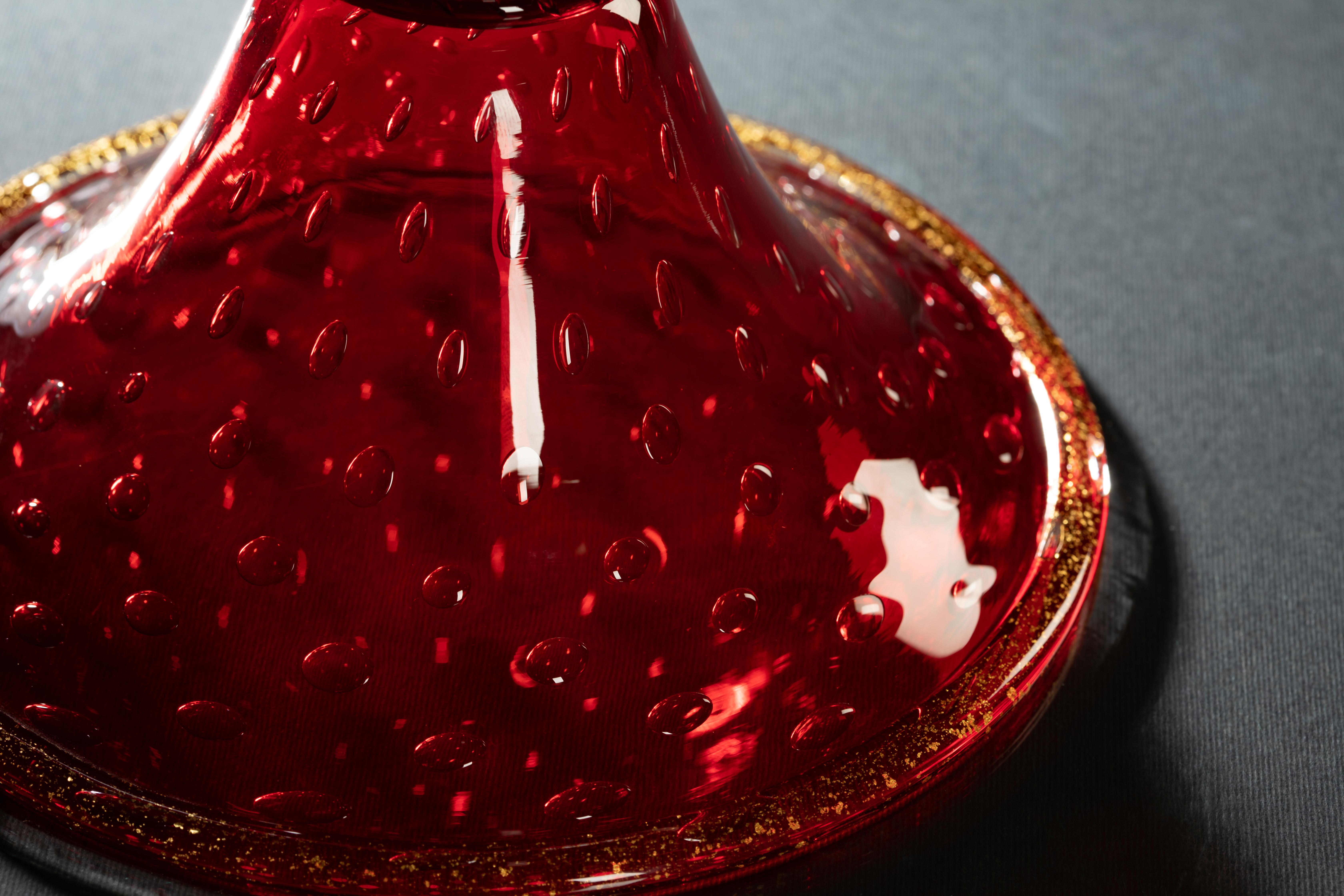 Italian 1295 Murano Hand Made Art Glass Table Lamp, Rubino, 24k Gold Leaf For Sale
