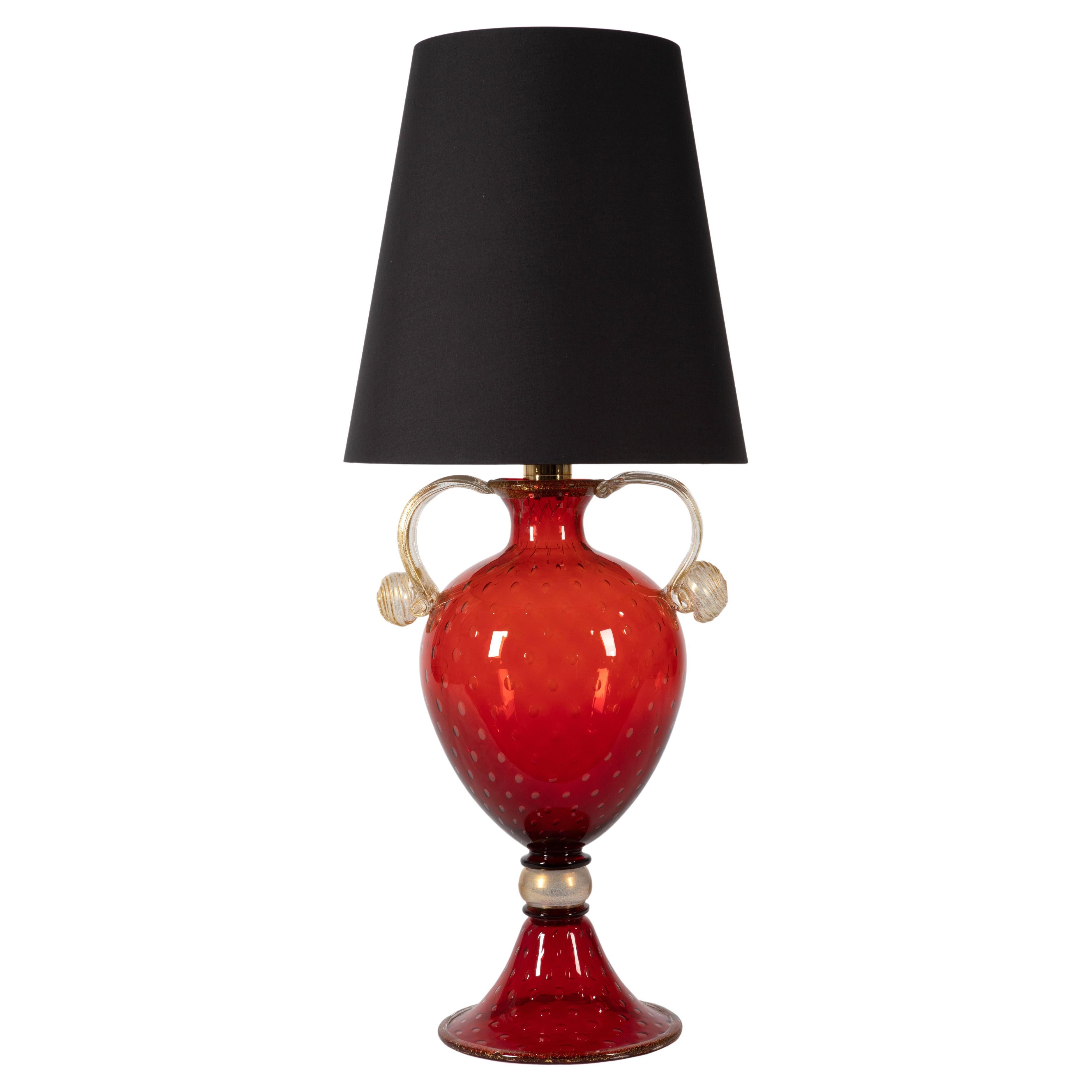 1295 Murano Hand Made Art Glass Table Lamp, Rubino, 24k Gold Leaf For Sale