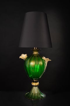 1295 Murano Hand Made Art Glass Table Lamp, Smeraldo Green 24k Gold Flowers