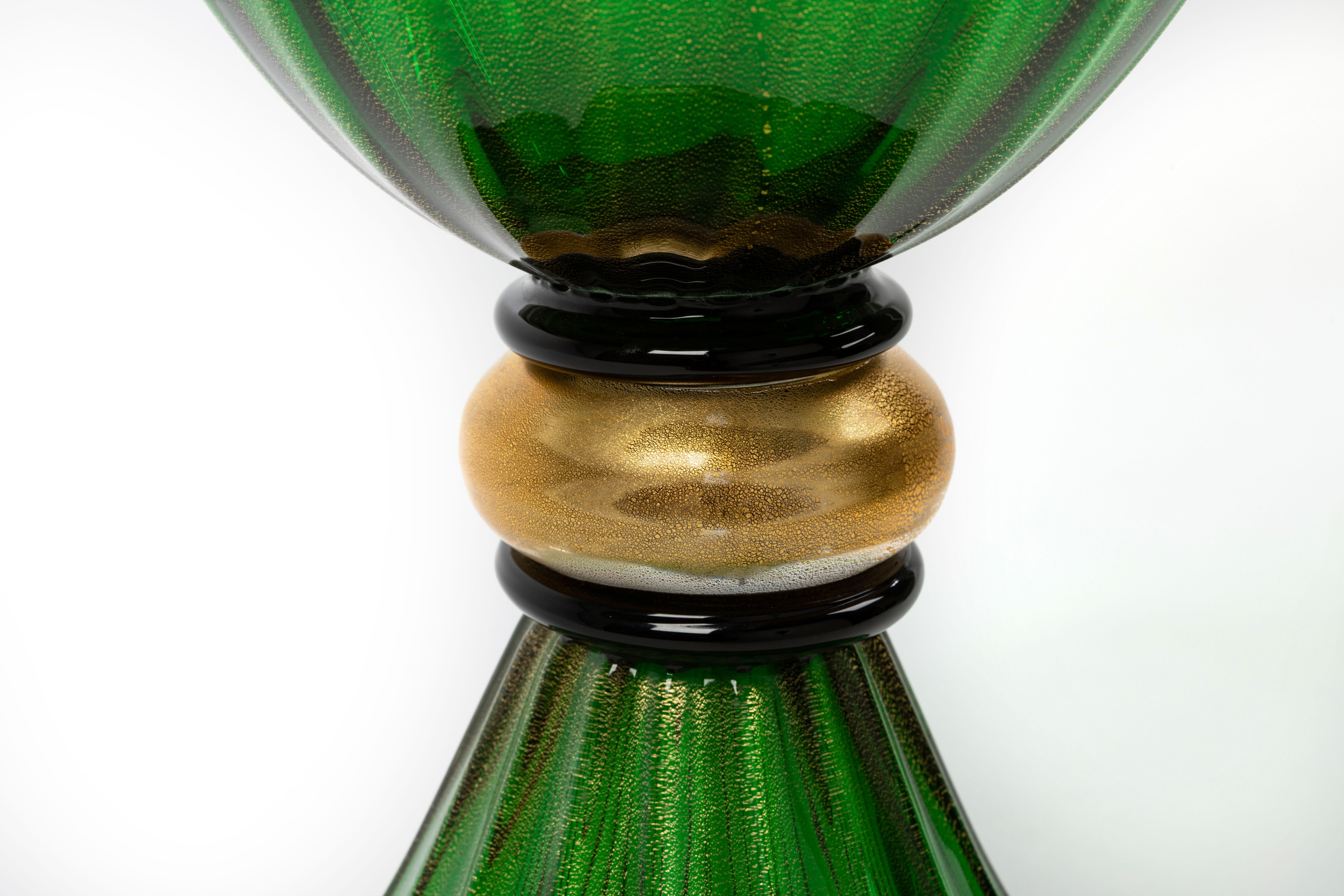 Italian 1295 Murano Hand Made Art Glass Table Lamp, Smeraldo Green 24k Gold Flowers  For Sale