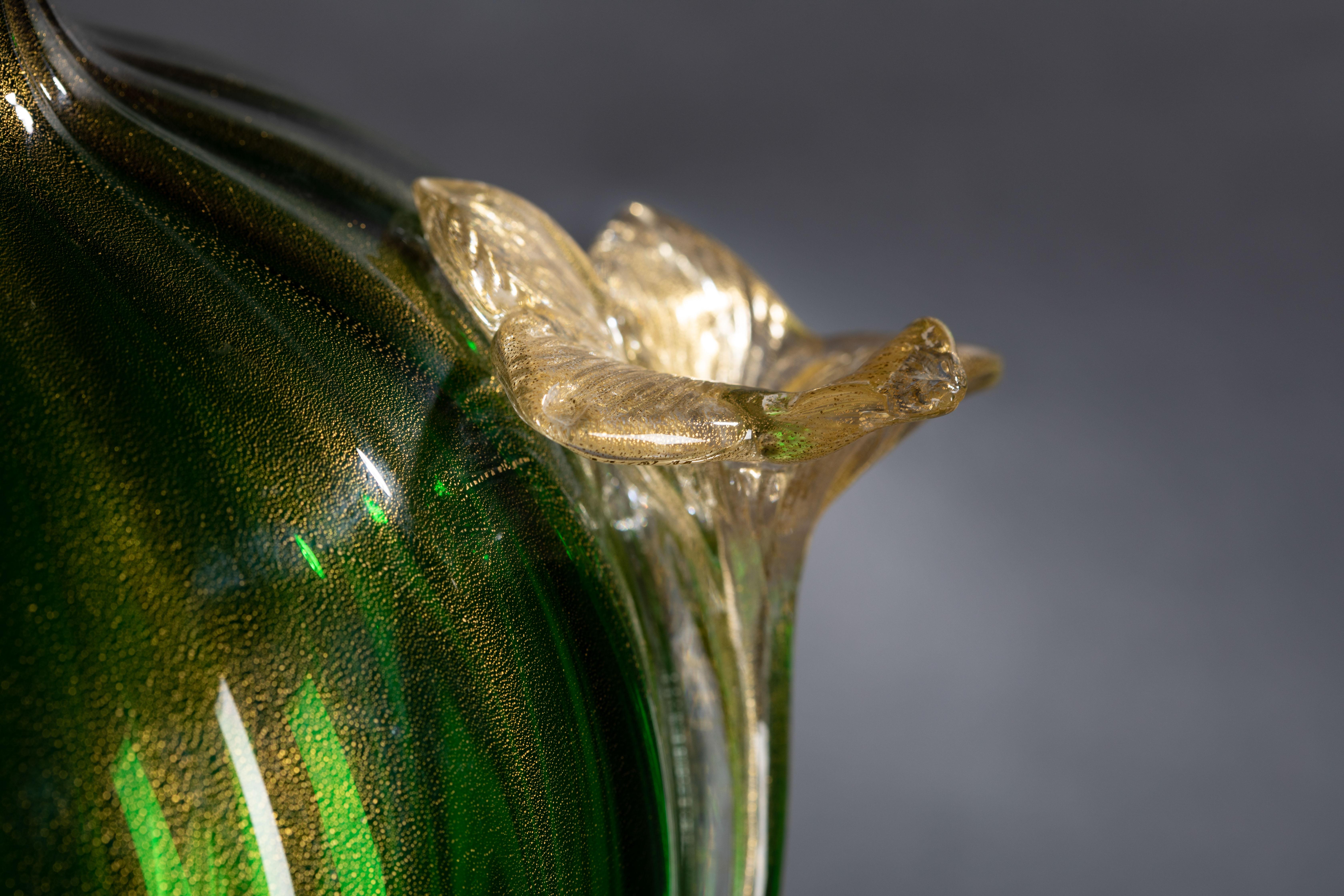Italian 1295 Murano Hand Made Art Glass Table Lamp, Smeraldo Green 24k Gold Flowers H 31 For Sale
