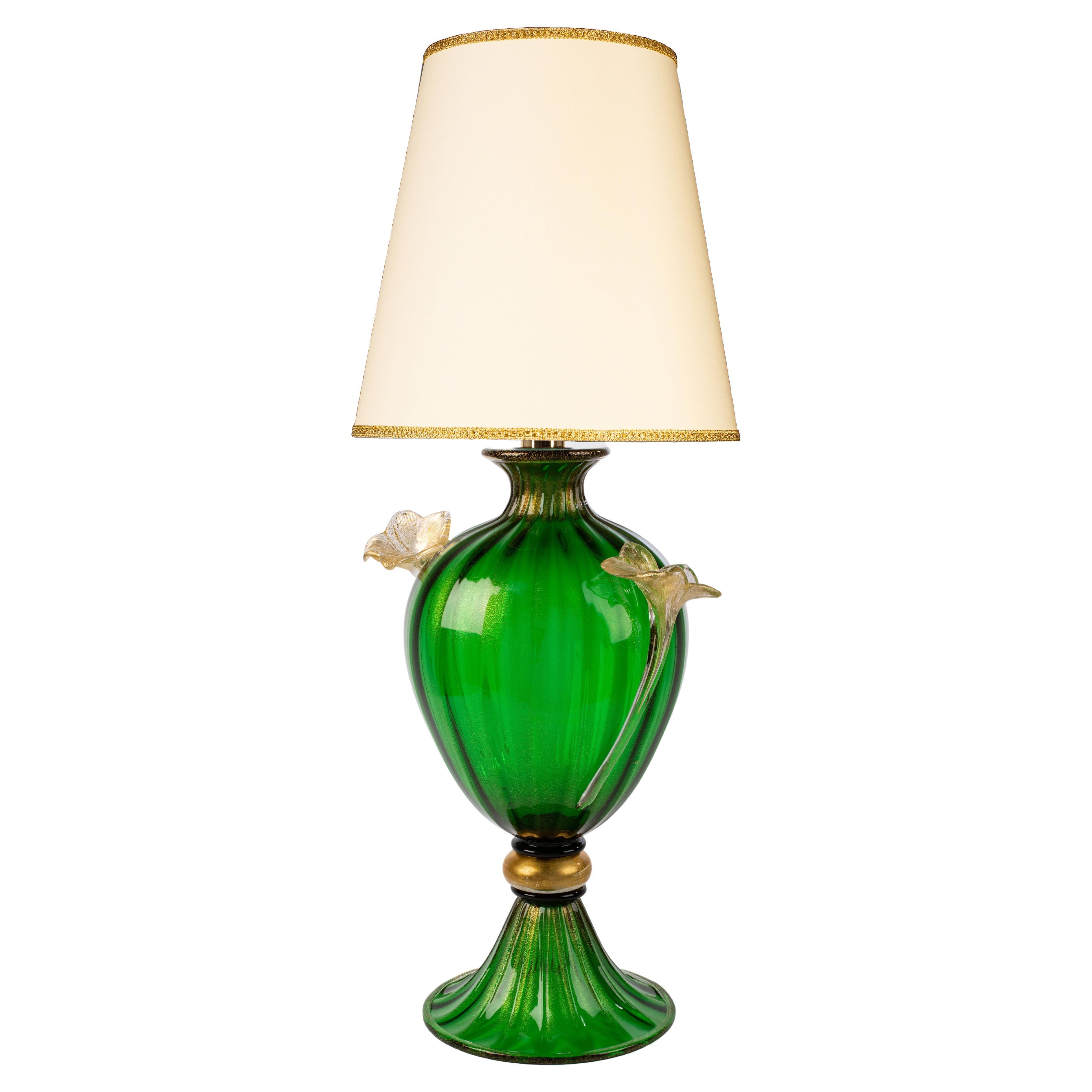 1295 Murano Hand Made Art Glass Table Lamp, Smeraldo Green 24k Gold Flowers H 31 For Sale