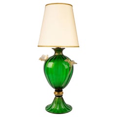 1295 Murano Hand Made Art Glass Table Lamp, Smeraldo Green 24k Gold Flowers H 31