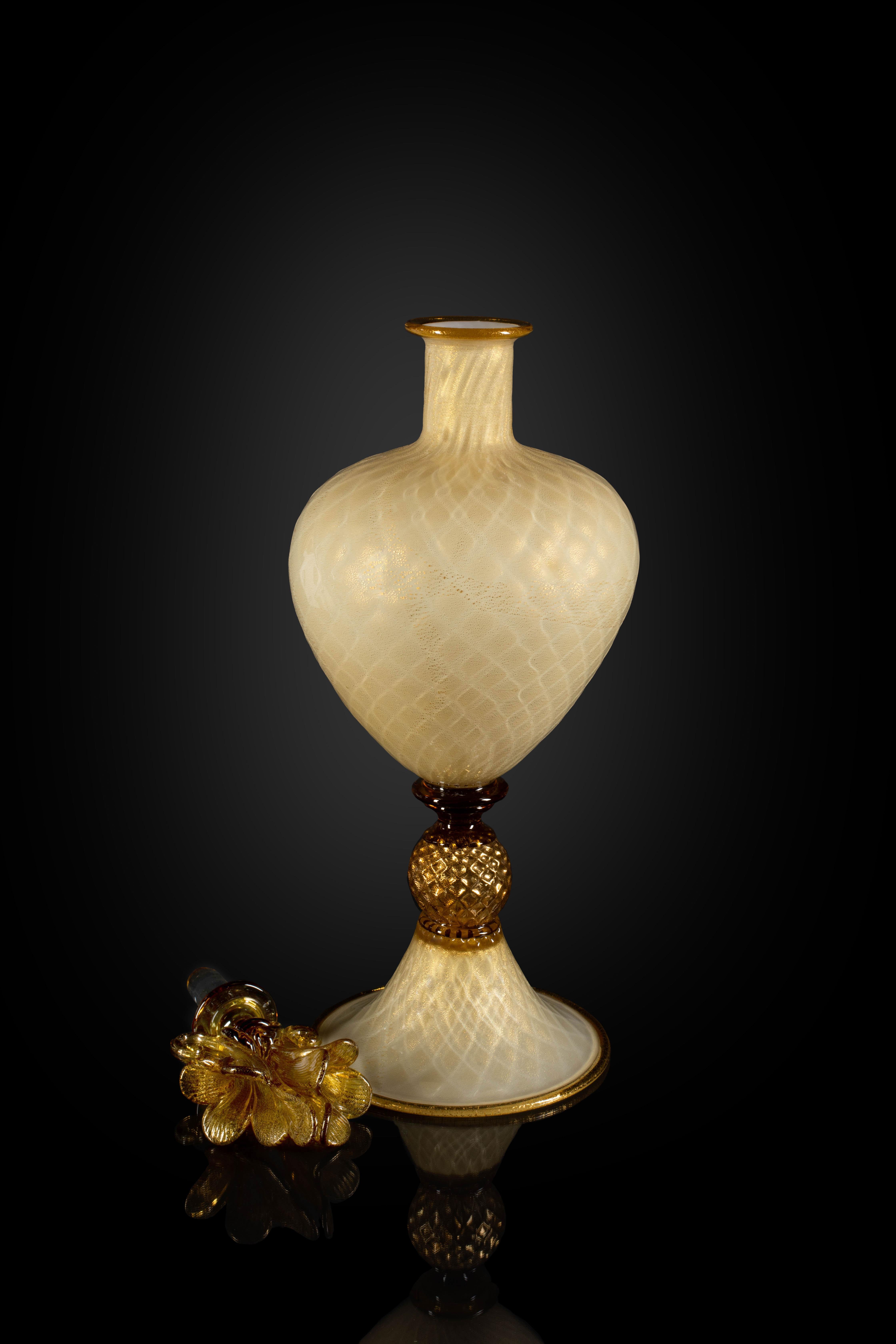 Renaissance Revival 1295 Murano Hand Made Art Glass Vase, Amber Cornucopia 24k Gold Leaf For Sale