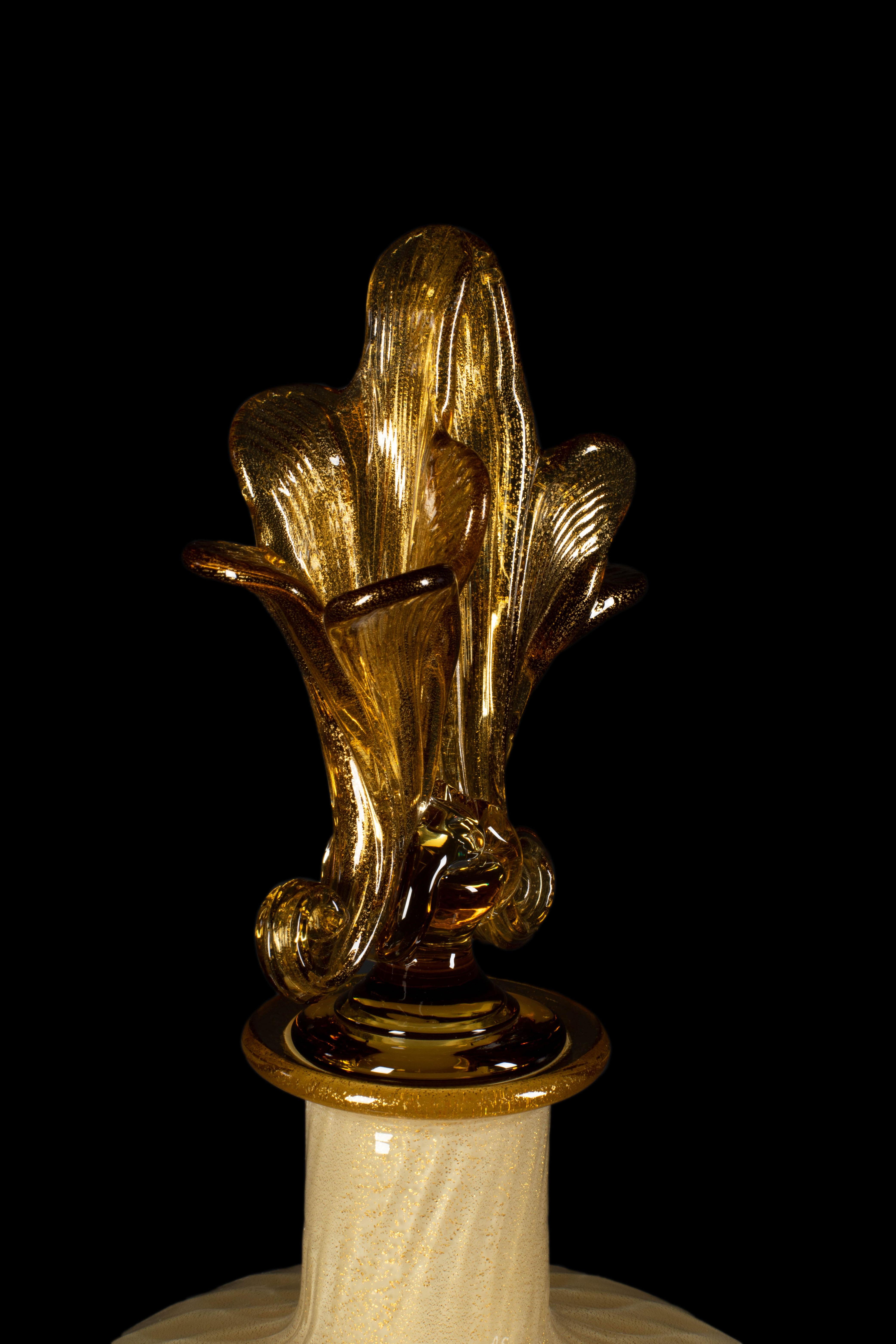 italien Vase en verre d'art de Murano fait main, feuille d'abondance d'ambre et d'or 24 carats, 1295 en vente
