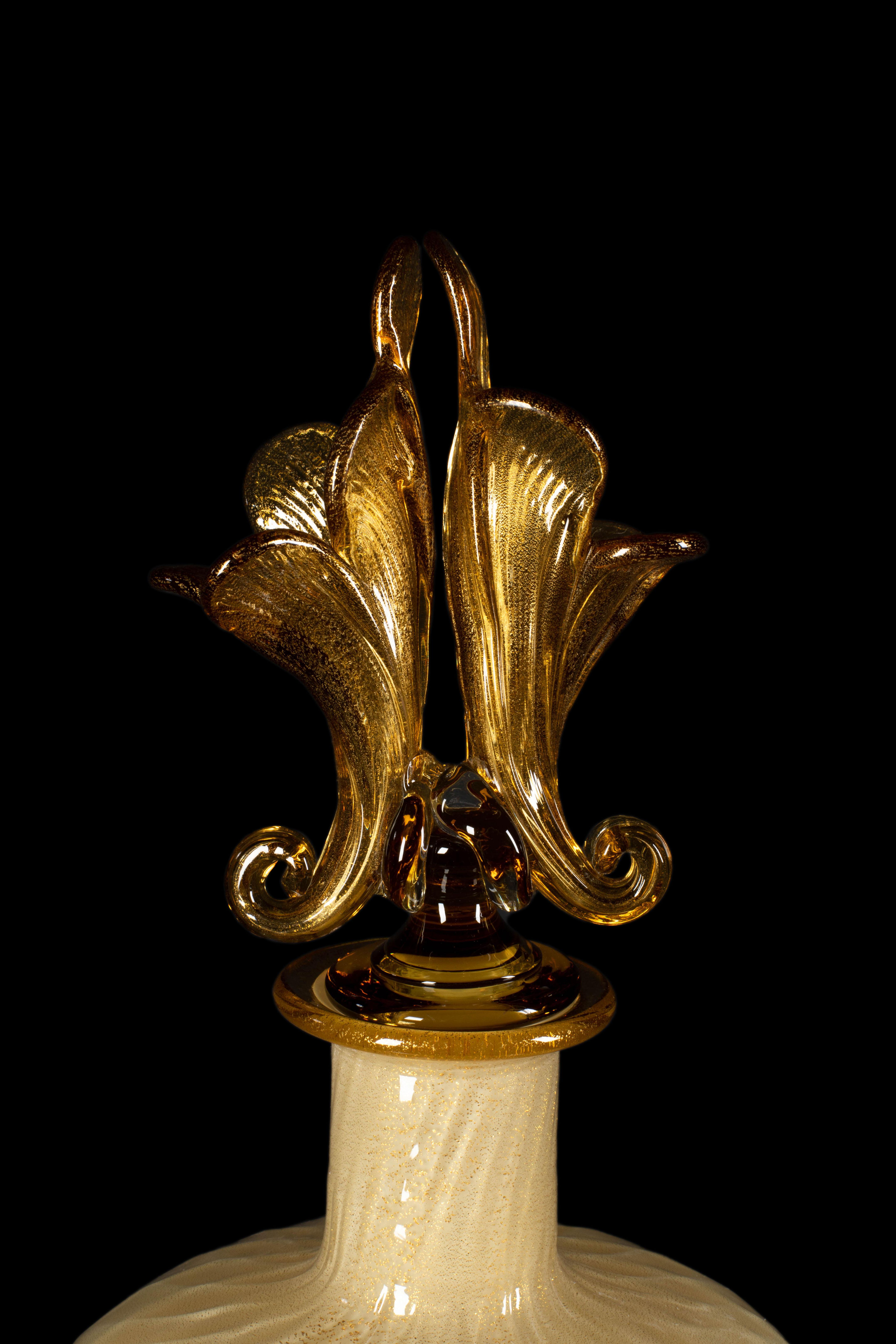 Contemporary 1295 Murano Hand Made Art Glass Vase, Amber Cornucopia 24k Gold Leaf For Sale