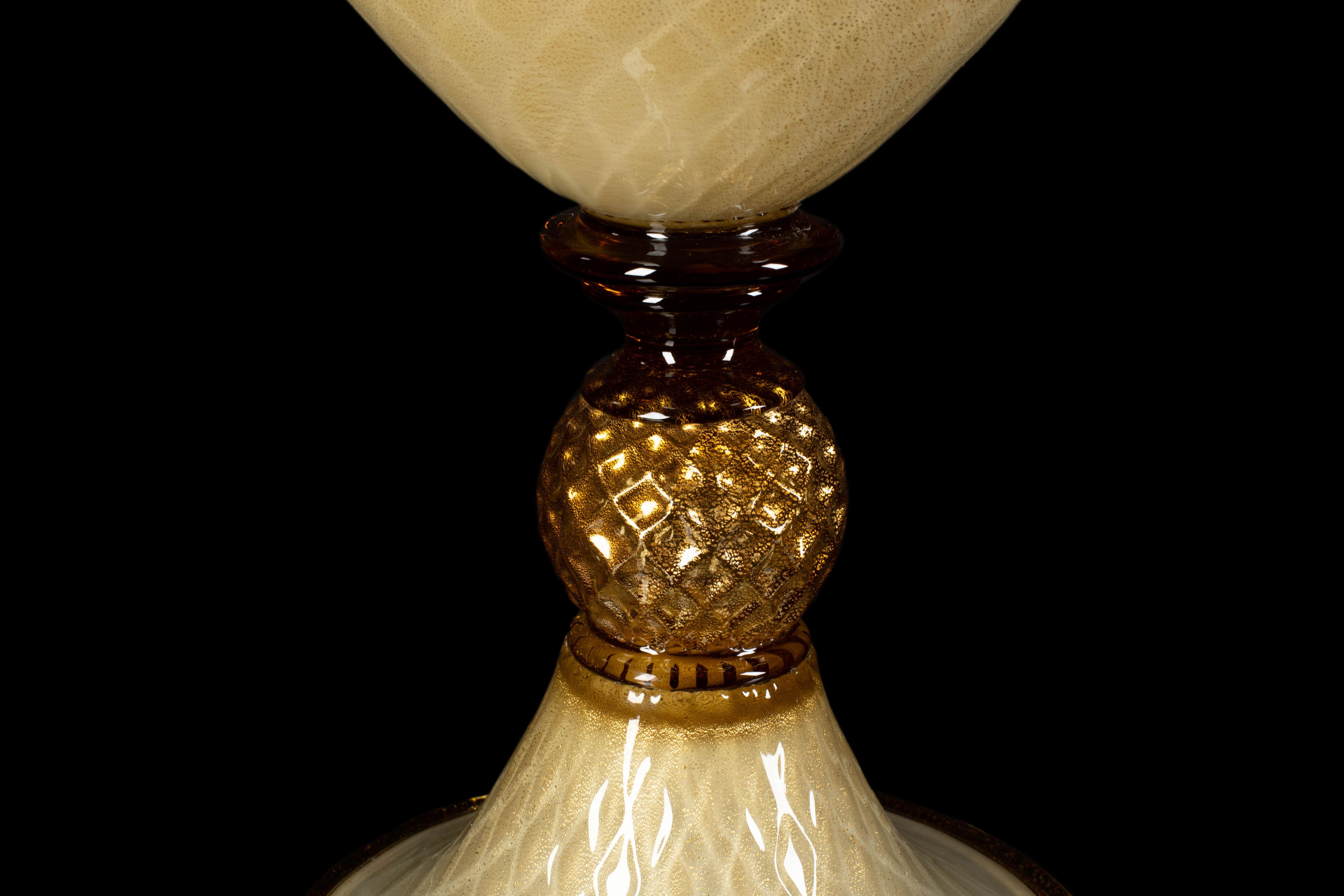 1295 Murano Hand Made Art Glass Vase, Amber Cornucopia 24k Gold Leaf For Sale 1