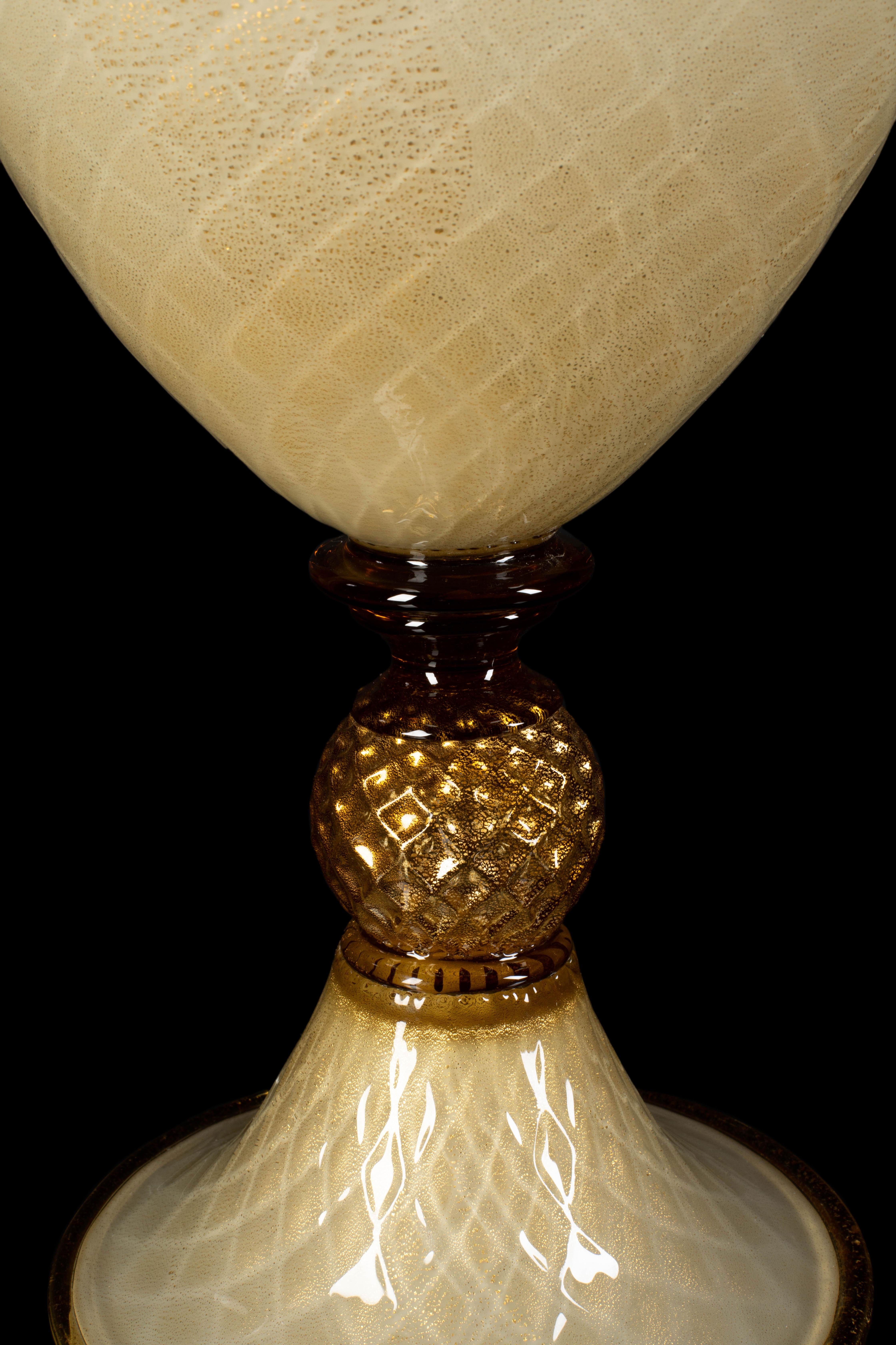 1295 Murano Hand Made Art Glass Vase, Amber Cornucopia 24k Gold Leaf For Sale 2