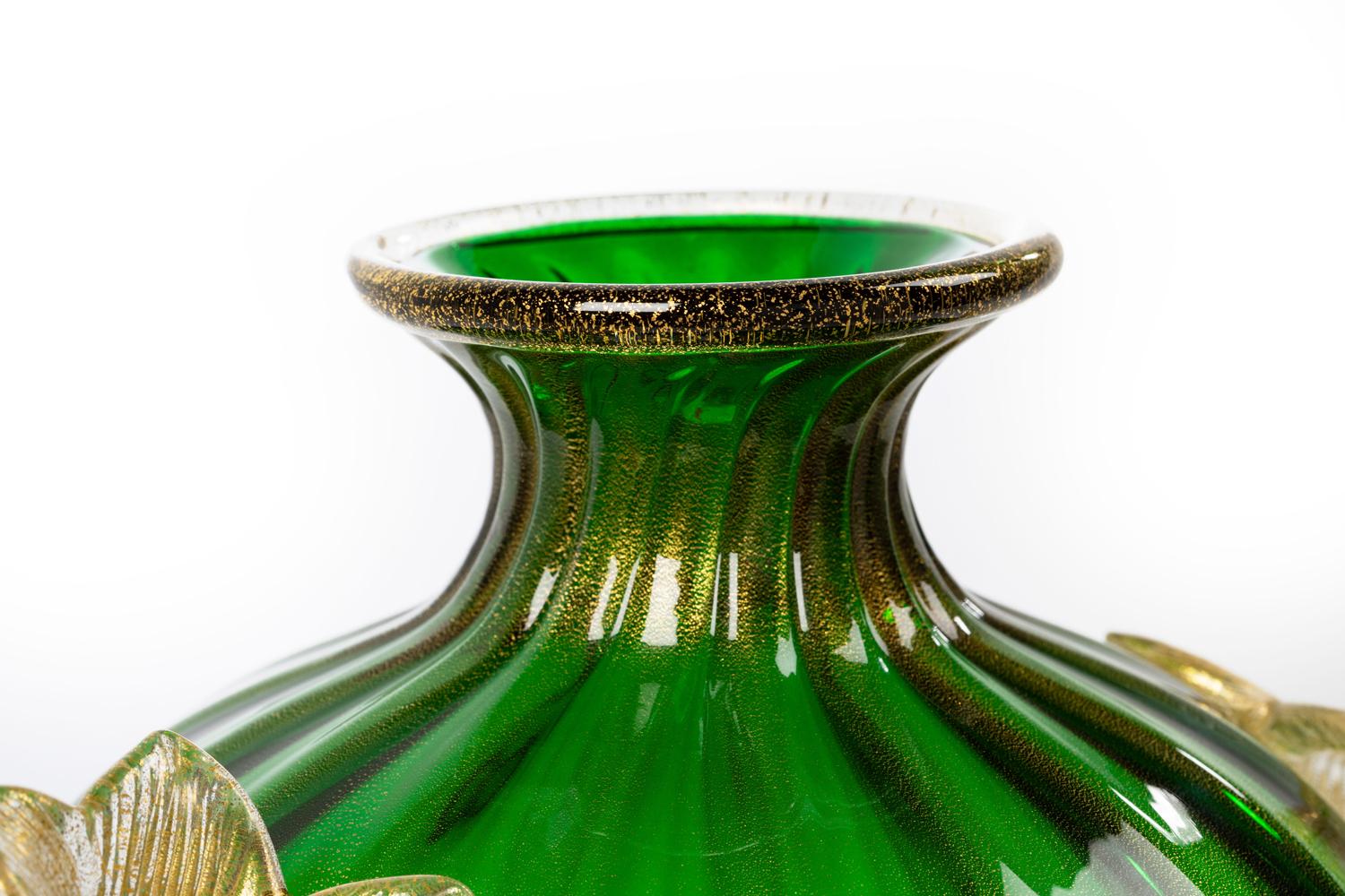 Renaissance Revival 1295 Murano Hand Made Art Glass Vase, Eternal Glass Anfora emerald 24k Gold Leaf For Sale