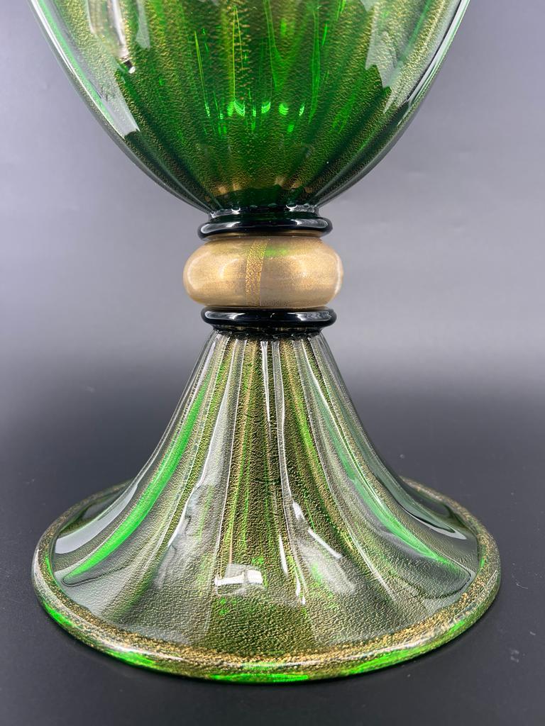 Contemporary 1295 Murano Hand Made Art Glass Vase, Eternal Glass Anfora emerald 24k Gold Leaf For Sale