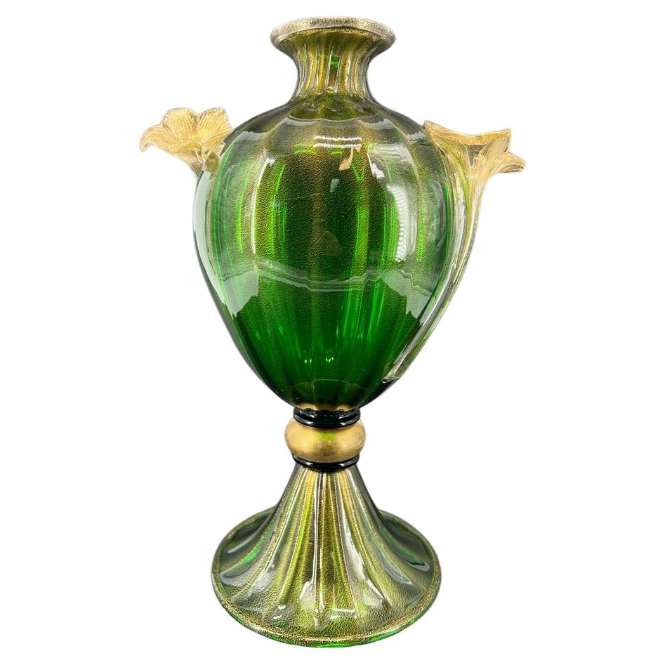 1295 Vase en verre d'art Hand Made Murano, verre éternel Anfora emerald 24k Gold Leaf