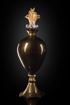 1295 Murano Hand Made Art Glass Vase, Oro Nero, Cornucopia & 24k Gold Leaf