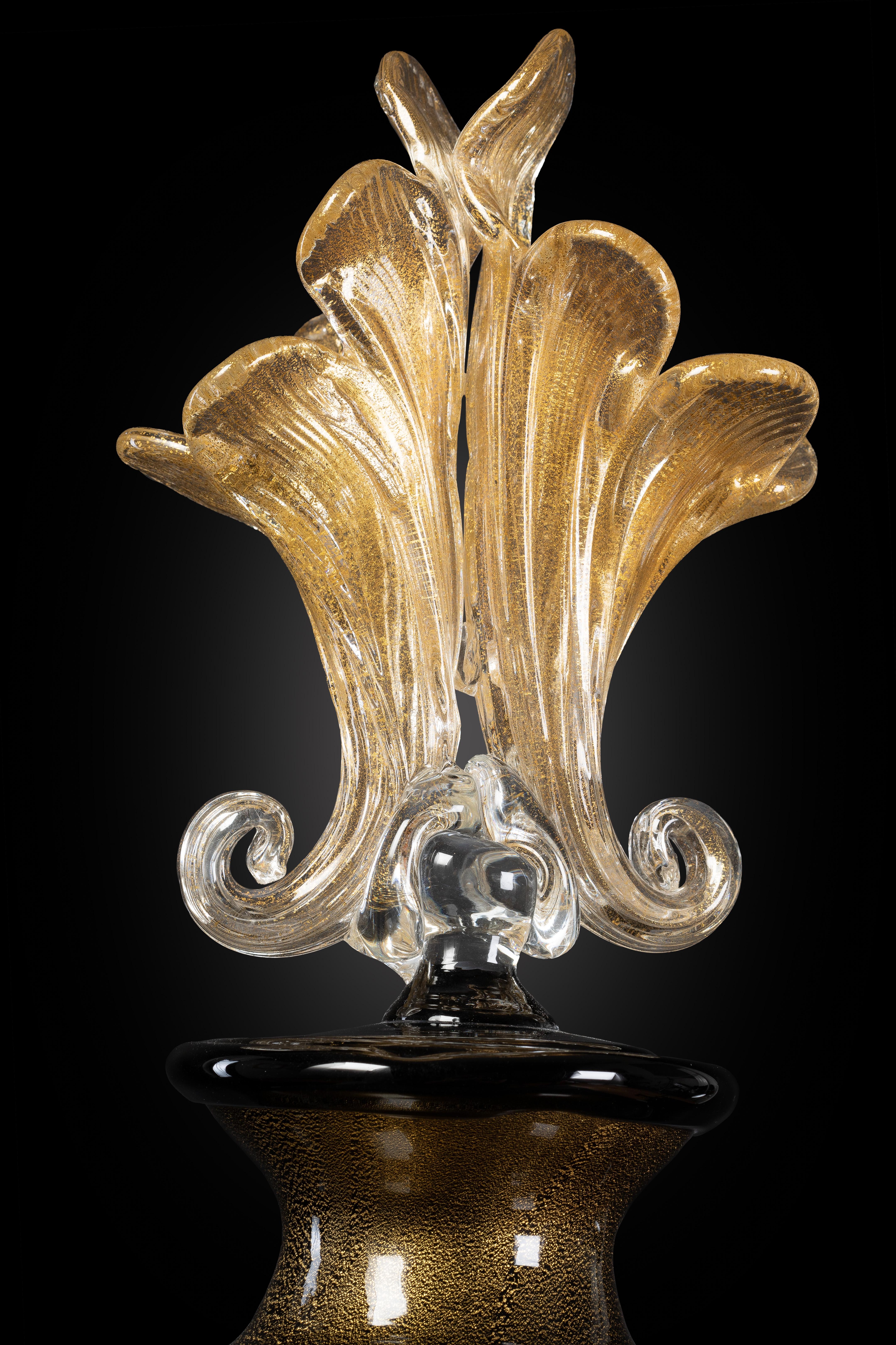 Contemporary 1295 Murano Hand Made Art Glass Vase, Oro Nero, Cornucopia & 24k Gold Leaf For Sale