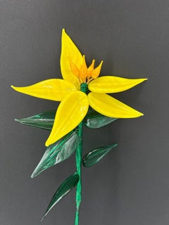 1295 Murano, hand made blown glass flower, Yellow Orchid