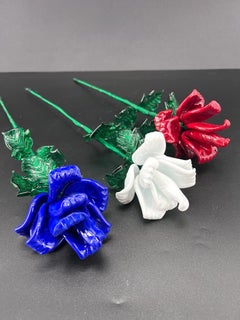 1295 Murano, hand made blown glass flowers set of three piece, blue white red