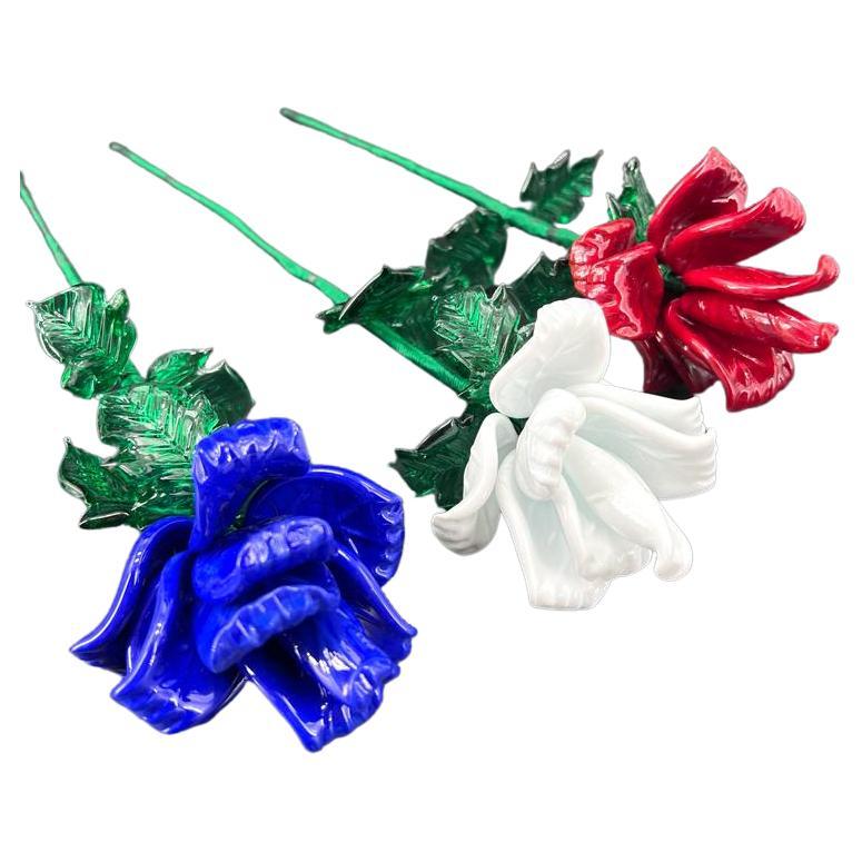 1295 Murano, hand made blown glass flowers set of three piece, blu white red For Sale