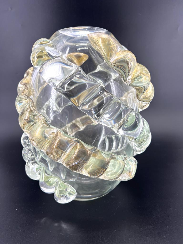 Contemporary 1295 Murano, hand made blown Murano glass vase, Crystal and 24k gold leaf