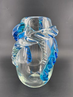 1295 Murano, hand made blown Murano glass vase, Crystal Turquoise, 24k gold leaf