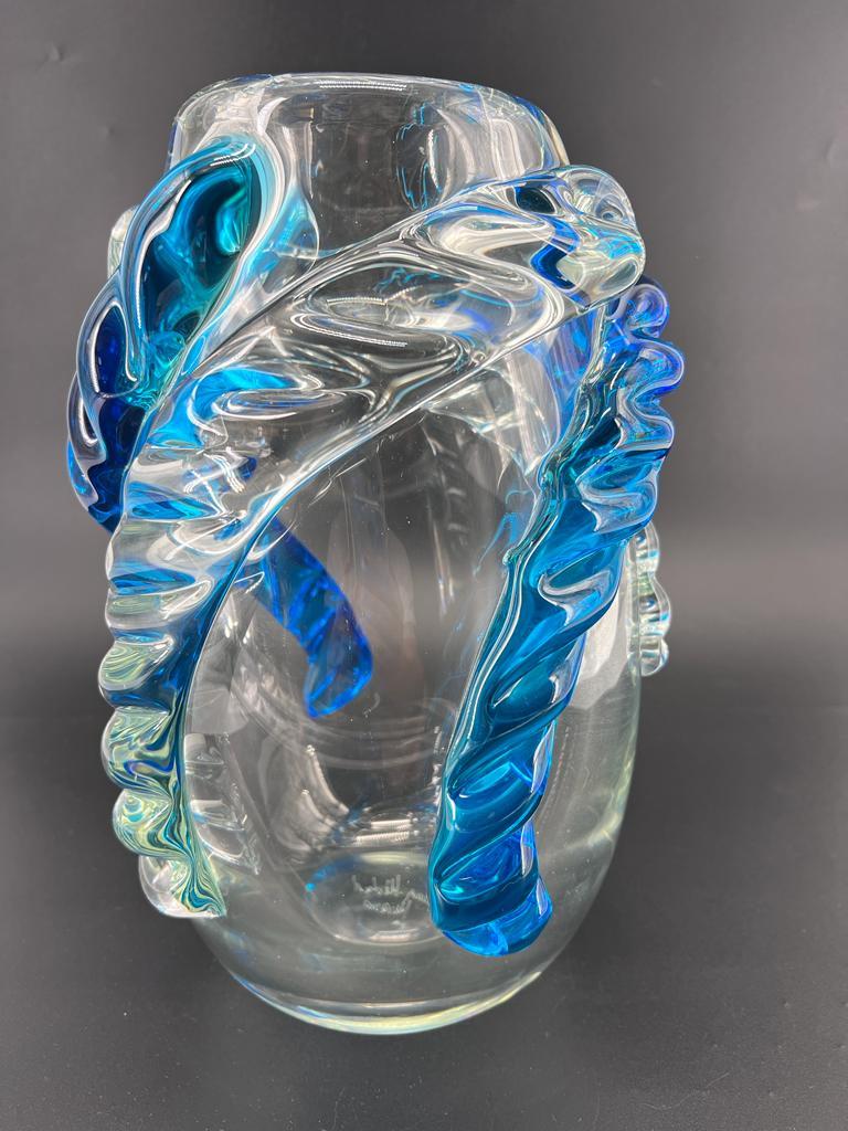 Italian 1295 Murano, hand made blown Murano glass vase, Crystal Turquoise, 24k gold leaf For Sale
