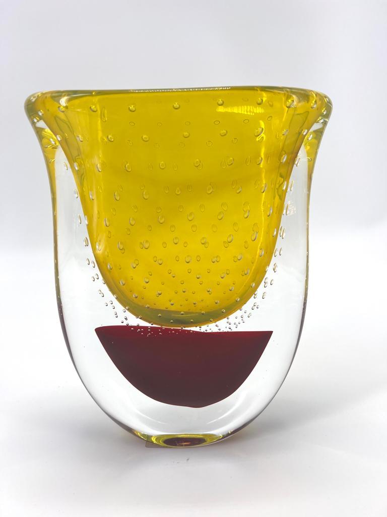 Murano Glass 1295 Murano, hand made blown Murano glass vase, Sommerso bordeaux and yellow