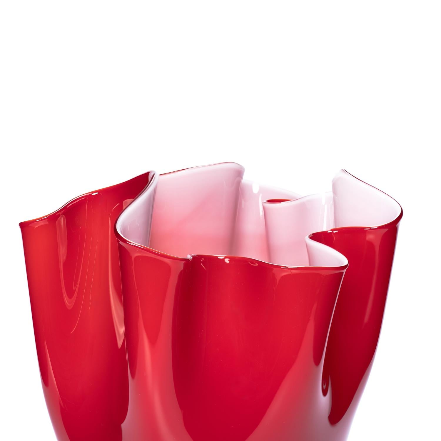 Contemporary 1295 Murano Handmade Glass Art Vase Red & White Foulard For Sale