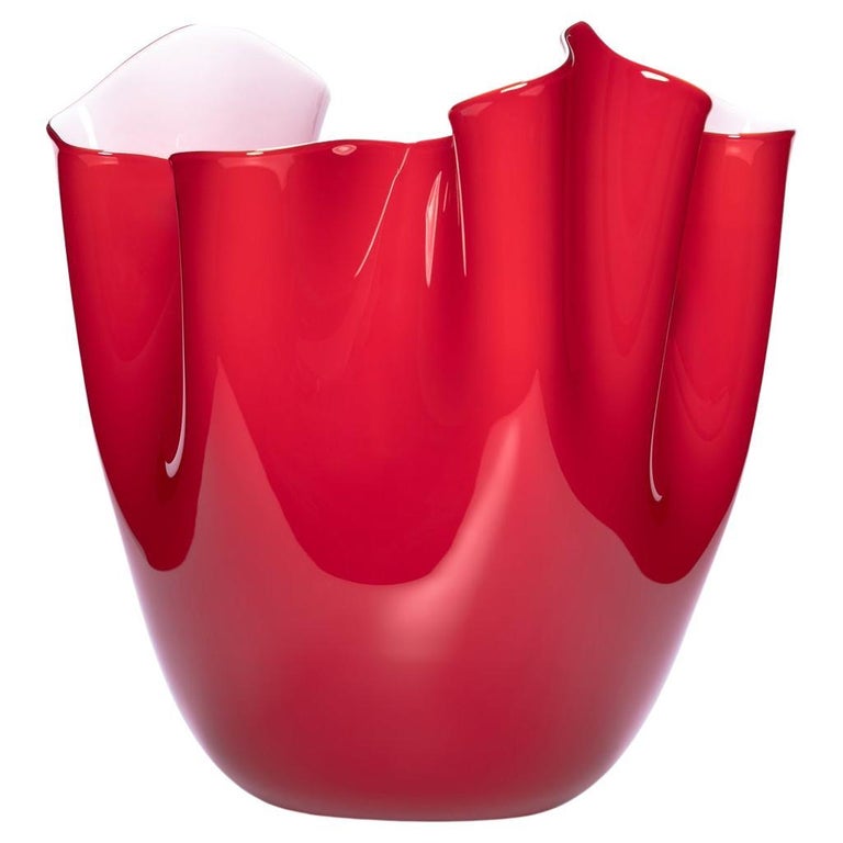 1295 Murano Handmade Glass Art Vase Red and White Foulard For Sale at