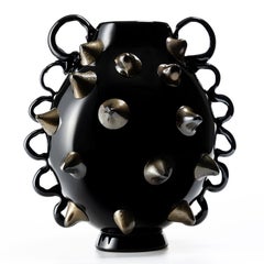 1295 Murano Handmade Glass Art Vase Unique Piece Black and 24k Gold Studs