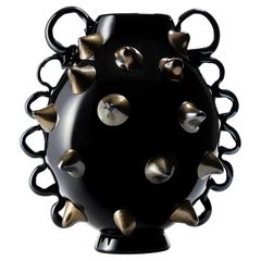 1295 Murano Handmade Glass Art Vase Unique Piece Black and 24k Gold Studs