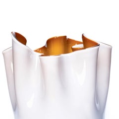 1295 Murano Handmade Glass Art Vase White & Amber Foulard