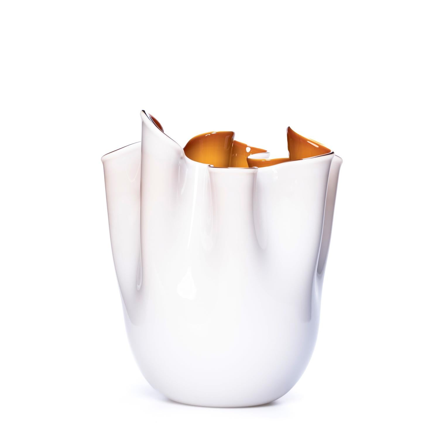 Hand-Crafted 1295 Murano Handmade Glass Art Vase White & Amber Foulard For Sale