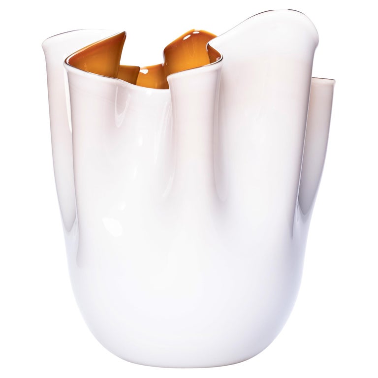 1295 Murano Handmade Glass Art Vase White and Amber Foulard For Sale at