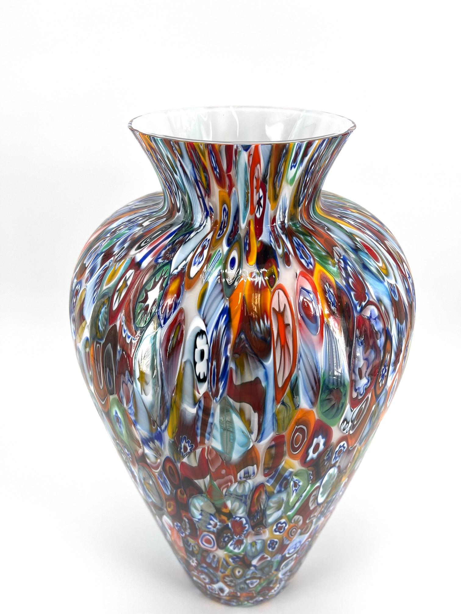 Italian 1295 Murano Hand Made Glass Millefiori Murrine Vase Big Size Height 18, 5 Inches For Sale