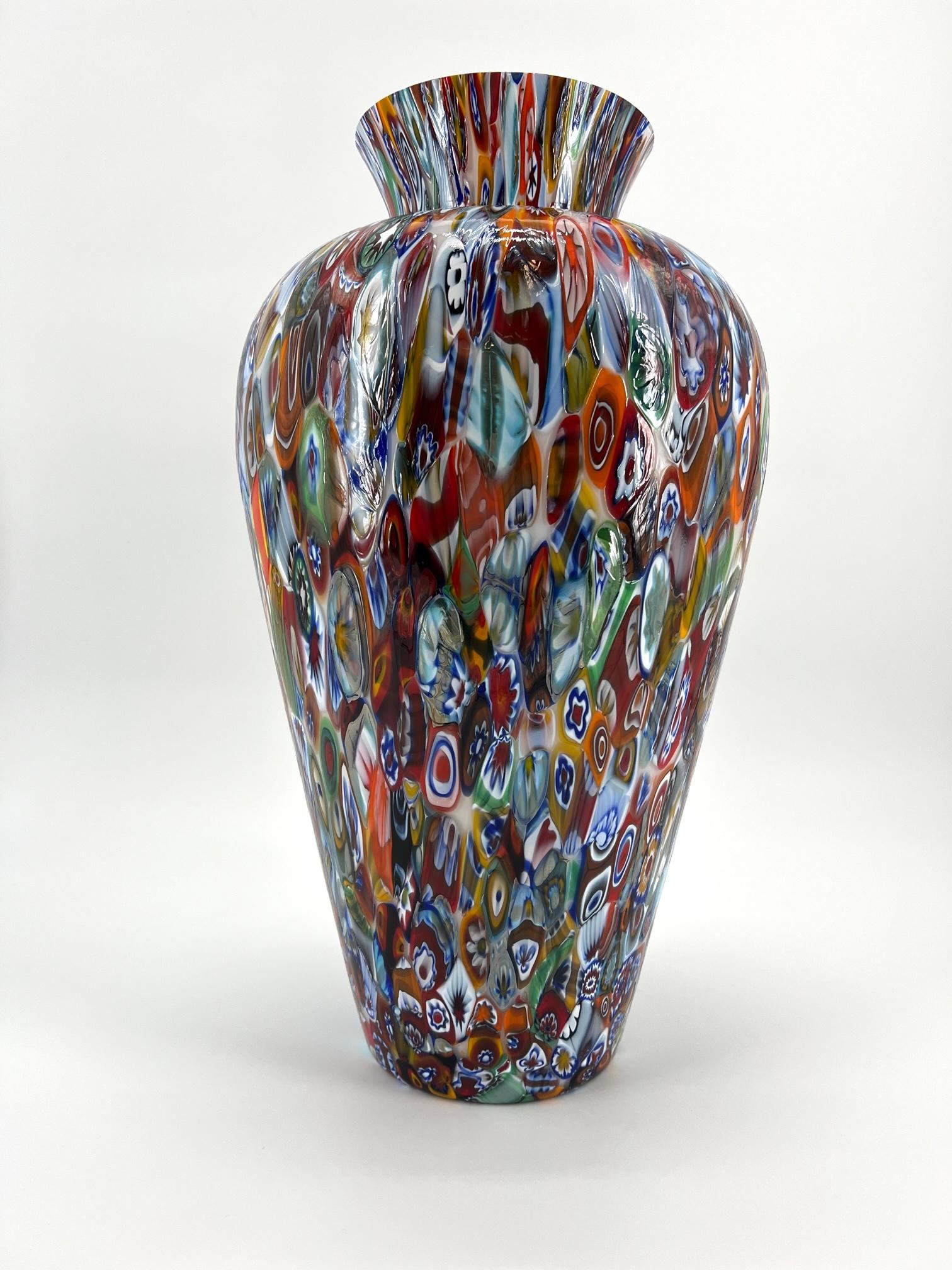 Hand-Crafted 1295 Murano Hand Made Glass Millefiori Murrine Vase Big Size Height 18, 5 Inches For Sale