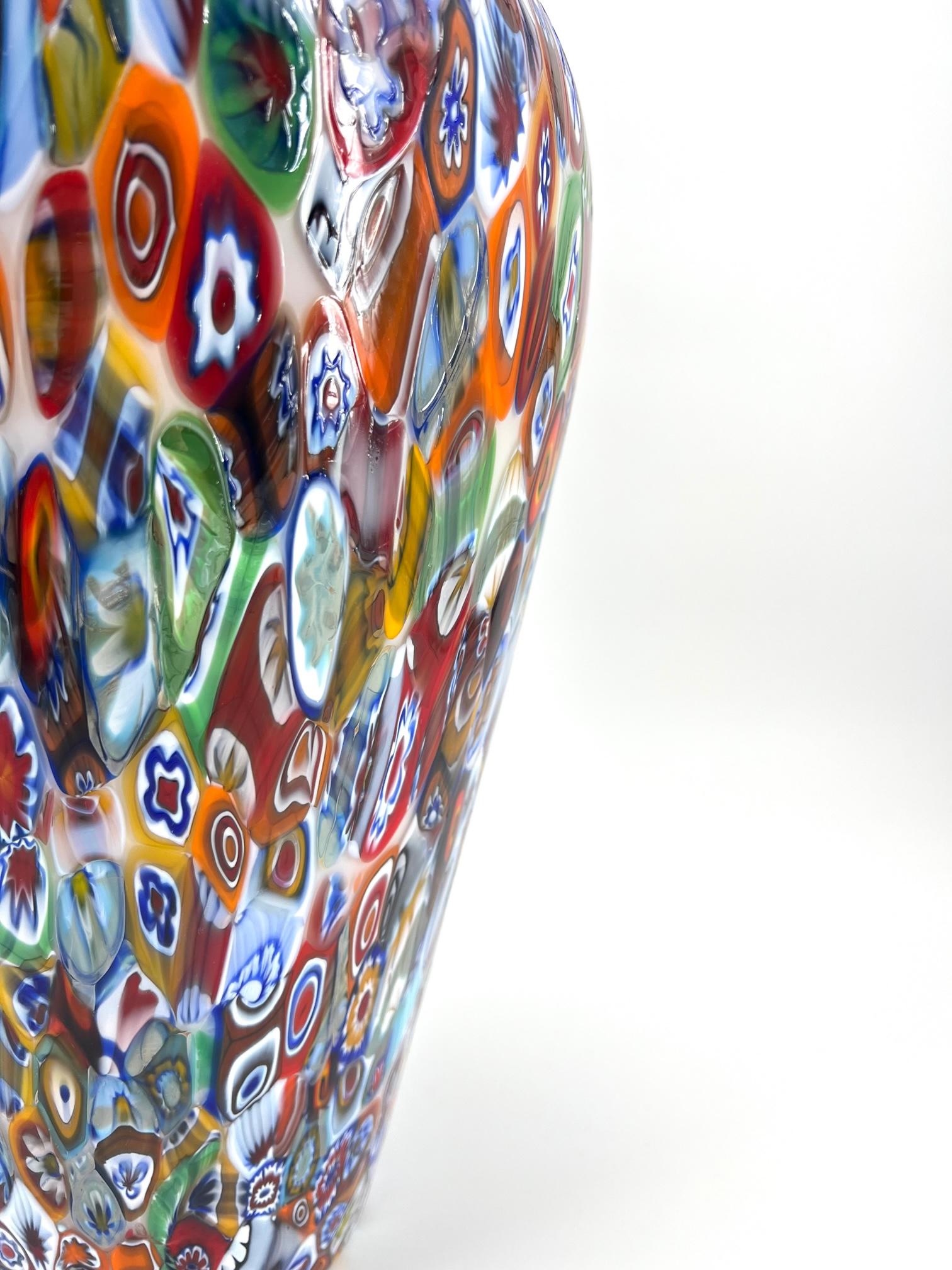 Contemporary 1295 Murano Hand Made Glass Millefiori Murrine Vase Big Size Height 18, 5 Inches For Sale