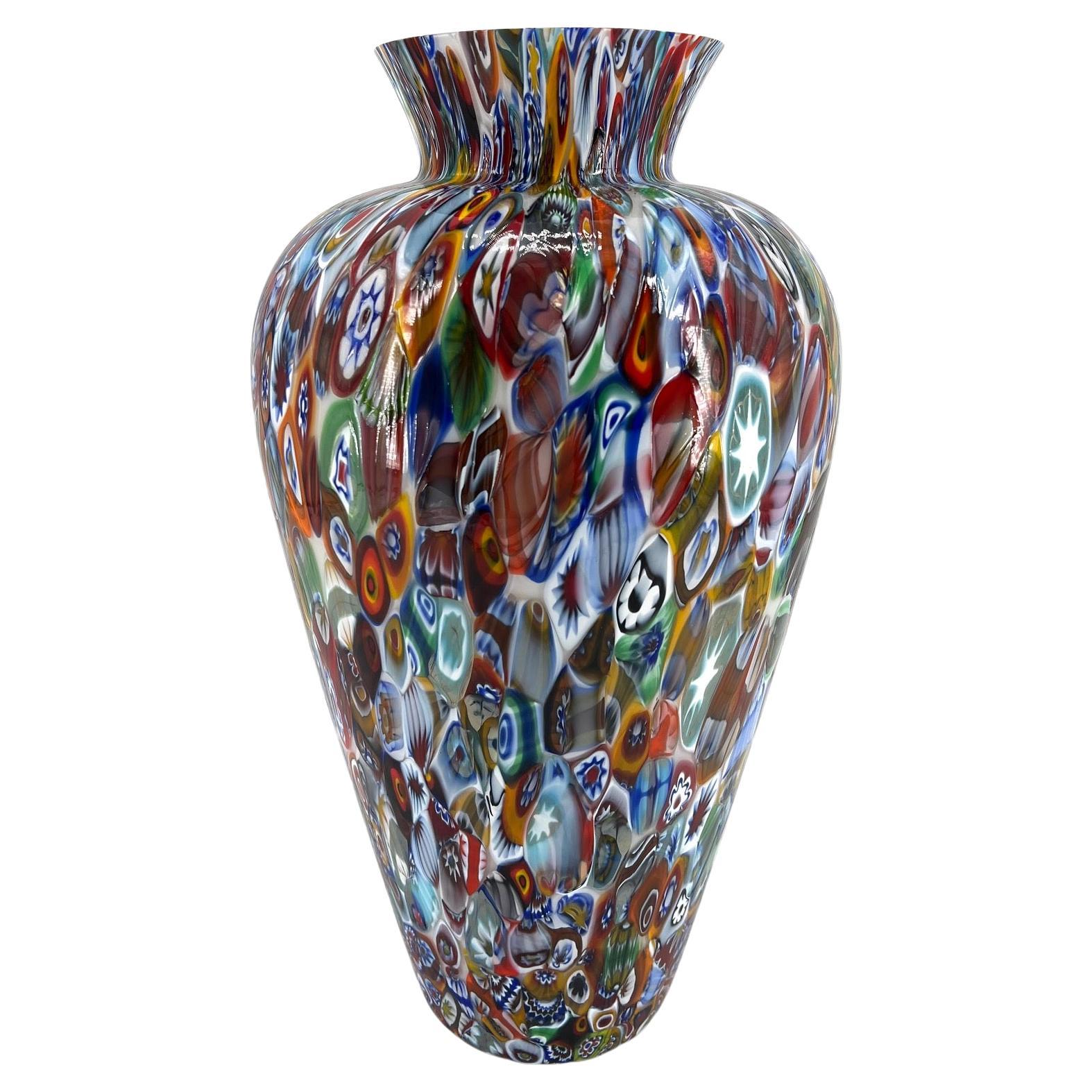 1295 Murano Hand Made Glass Millefiori Murrine Vase Big Size Height 18, 5 Inches For Sale