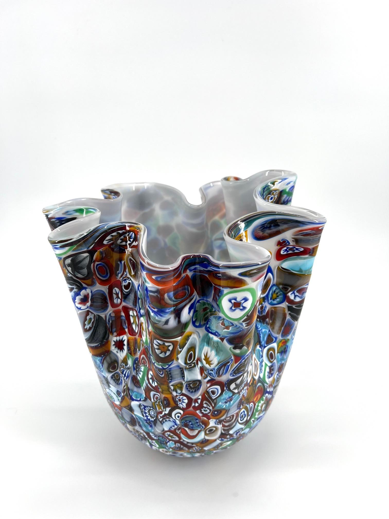 Hand-Crafted 1295 Murano Hand made Glass Millefiori Murrine Vase Foulard For Sale