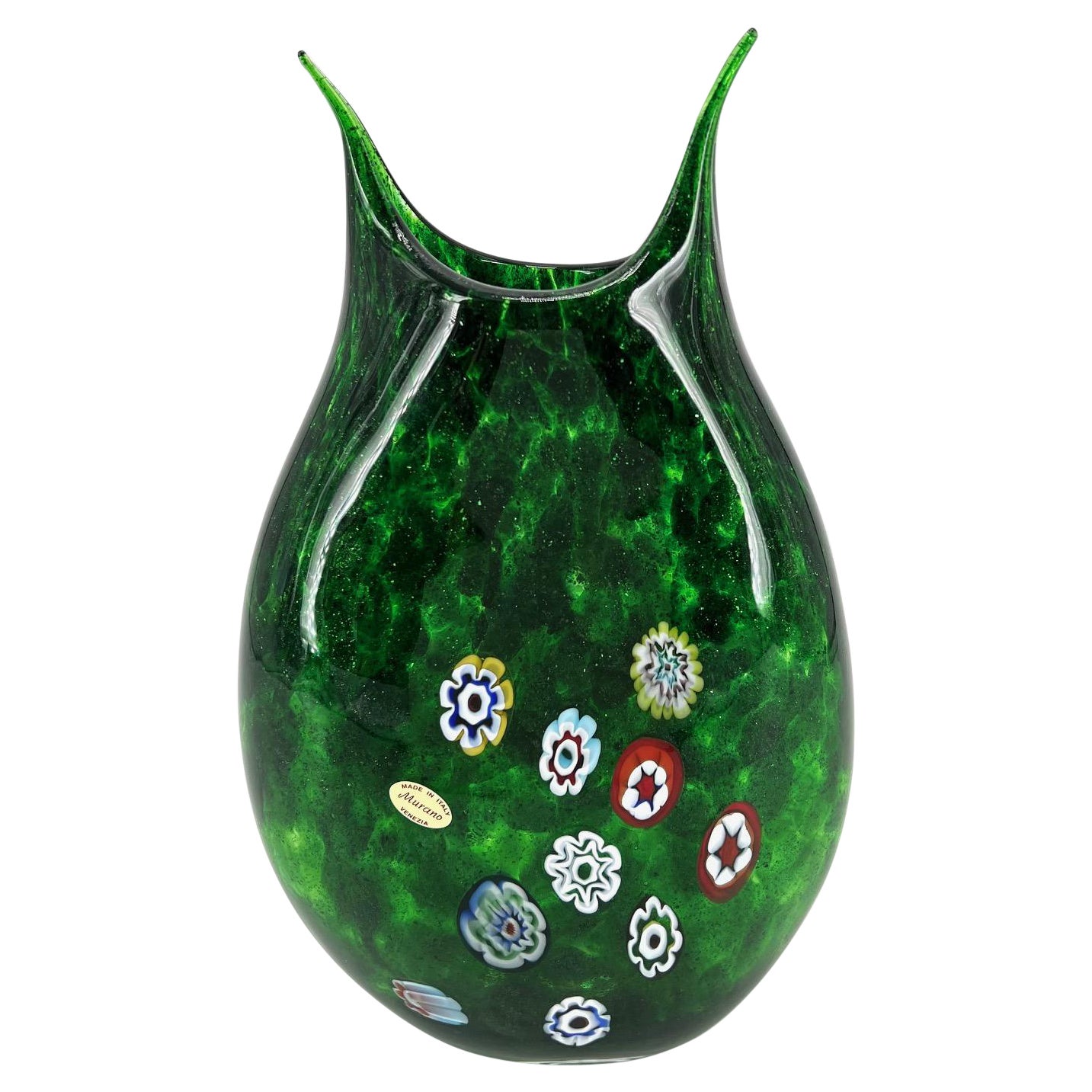 1295 Murano Hand Made Green Avventurina Murrine Vase For Sale