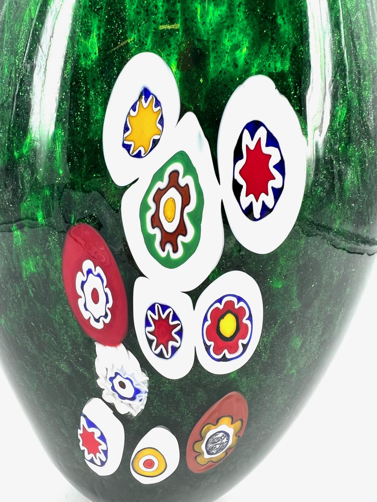 Contemporary 1295 Murano Hand made Green Avventurina Murrine Vase For Sale