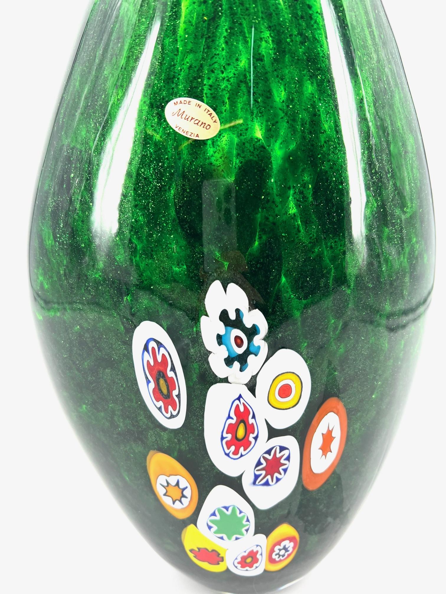Art Glass 1295 Murano Hand made Green Avventurina Murrine Vase For Sale