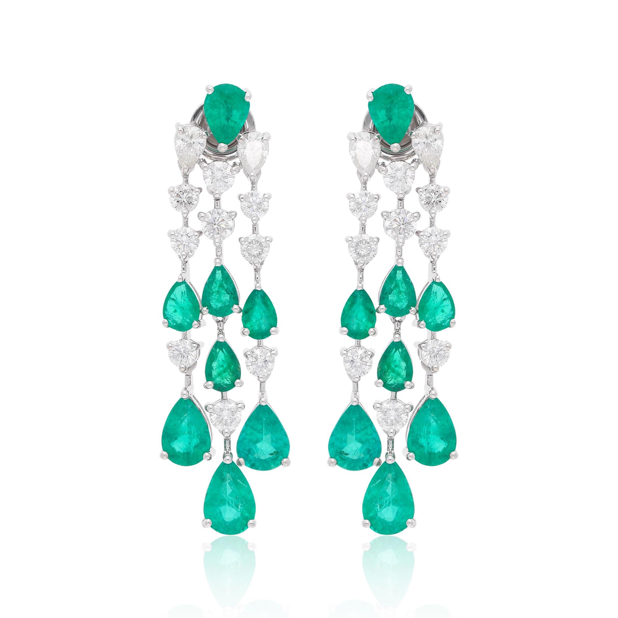 Donna 12,95TCW Pear Zambian Emerald Diamond Chandelier Earrings 14k White Gold in vendita
