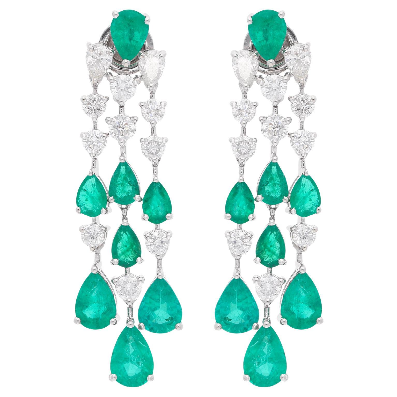 12.95TCW Pendientes Gota de Diamante Esmeralda Zambiana Pera 18k Oro Blanco