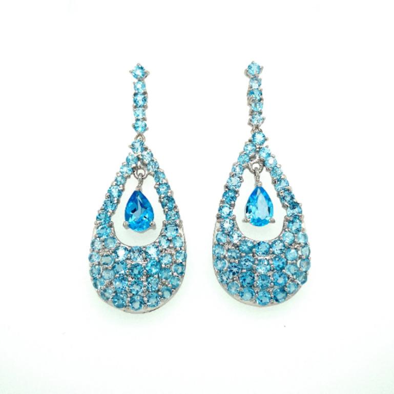 Mixed Cut 12.96 Carat Blue Topaz Gemstone Dangle Earrings for Women in 925 Silver For Sale