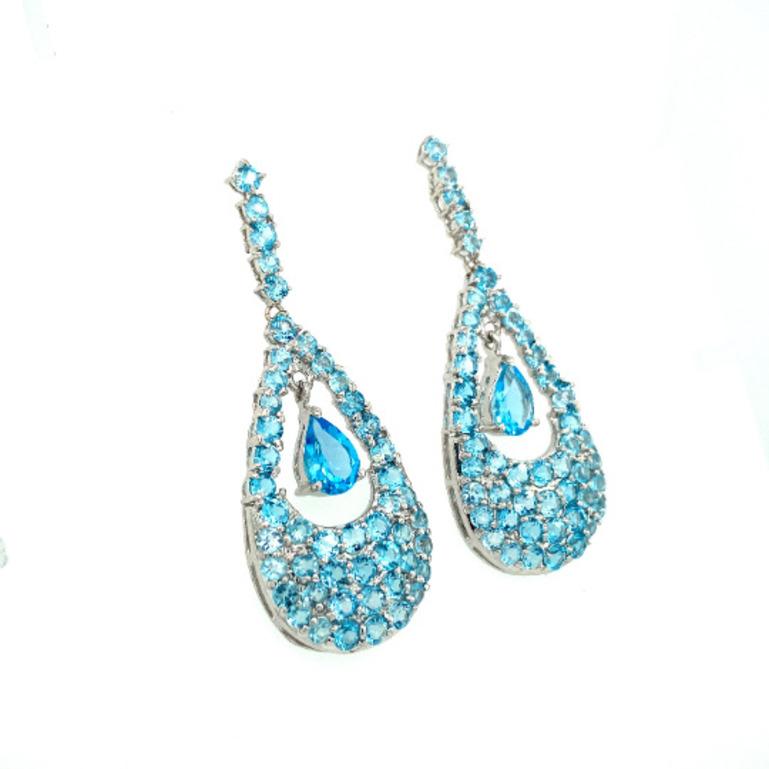 12.96 Carat Blue Topaz Gemstone Dangle Earrings for Women in 925 Silver In New Condition For Sale In Houston, TX