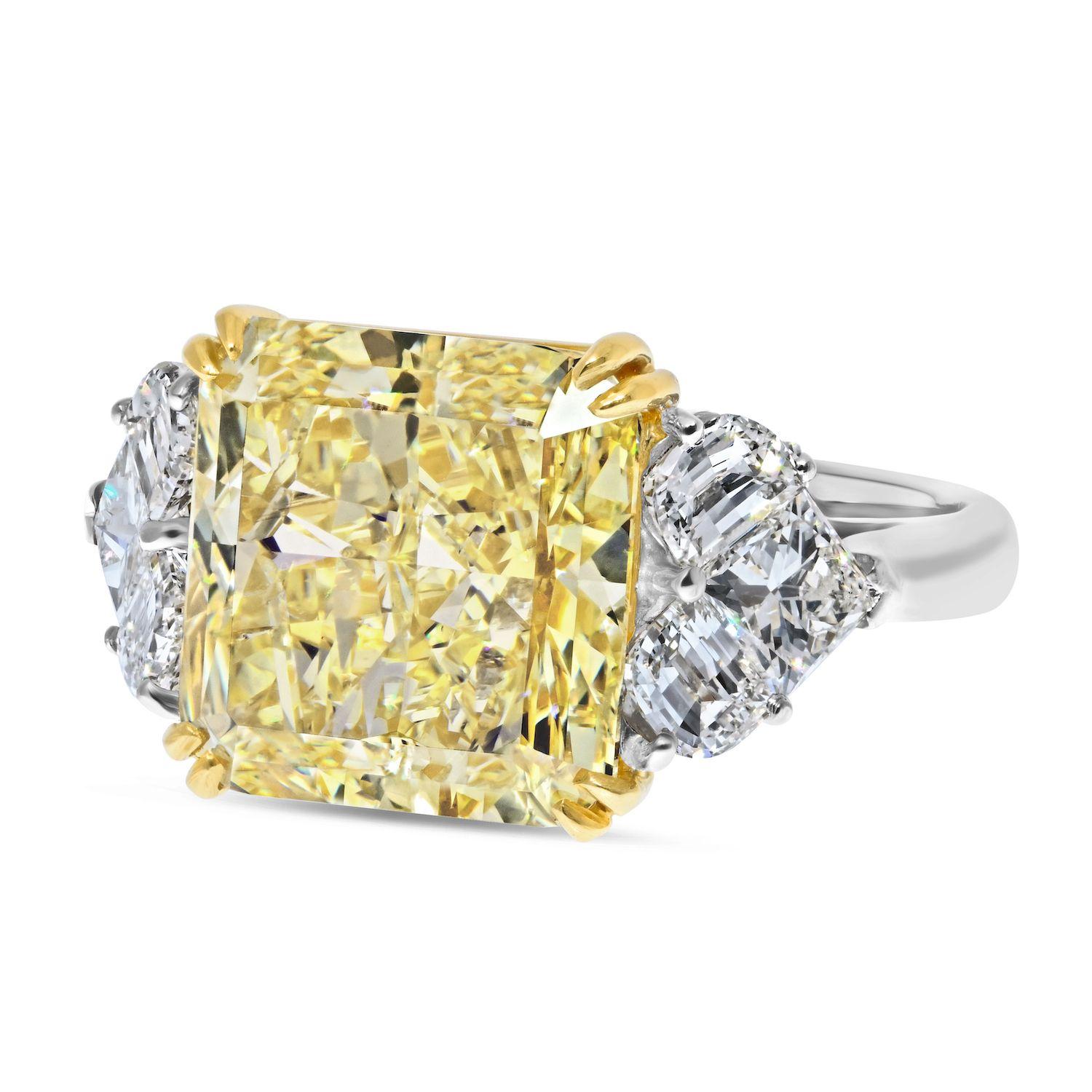 Modern 12.96 Carat Radiant Cut Diamond Fancy Yellow SI1 GIA Engagement Ring For Sale