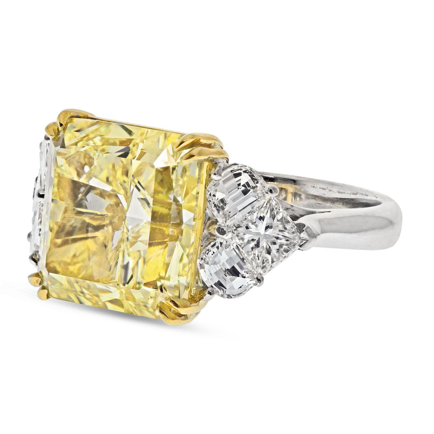 Women's 12.96 Carat Radiant Cut Diamond Fancy Yellow SI1 GIA Engagement Ring For Sale
