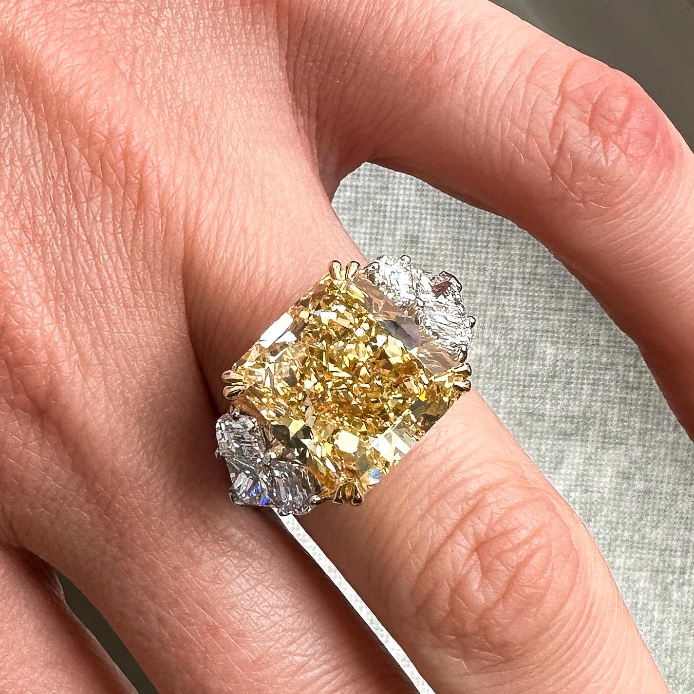 12.96 Carat Radiant Cut Diamond Fancy Yellow SI1 GIA Engagement Ring For Sale 1