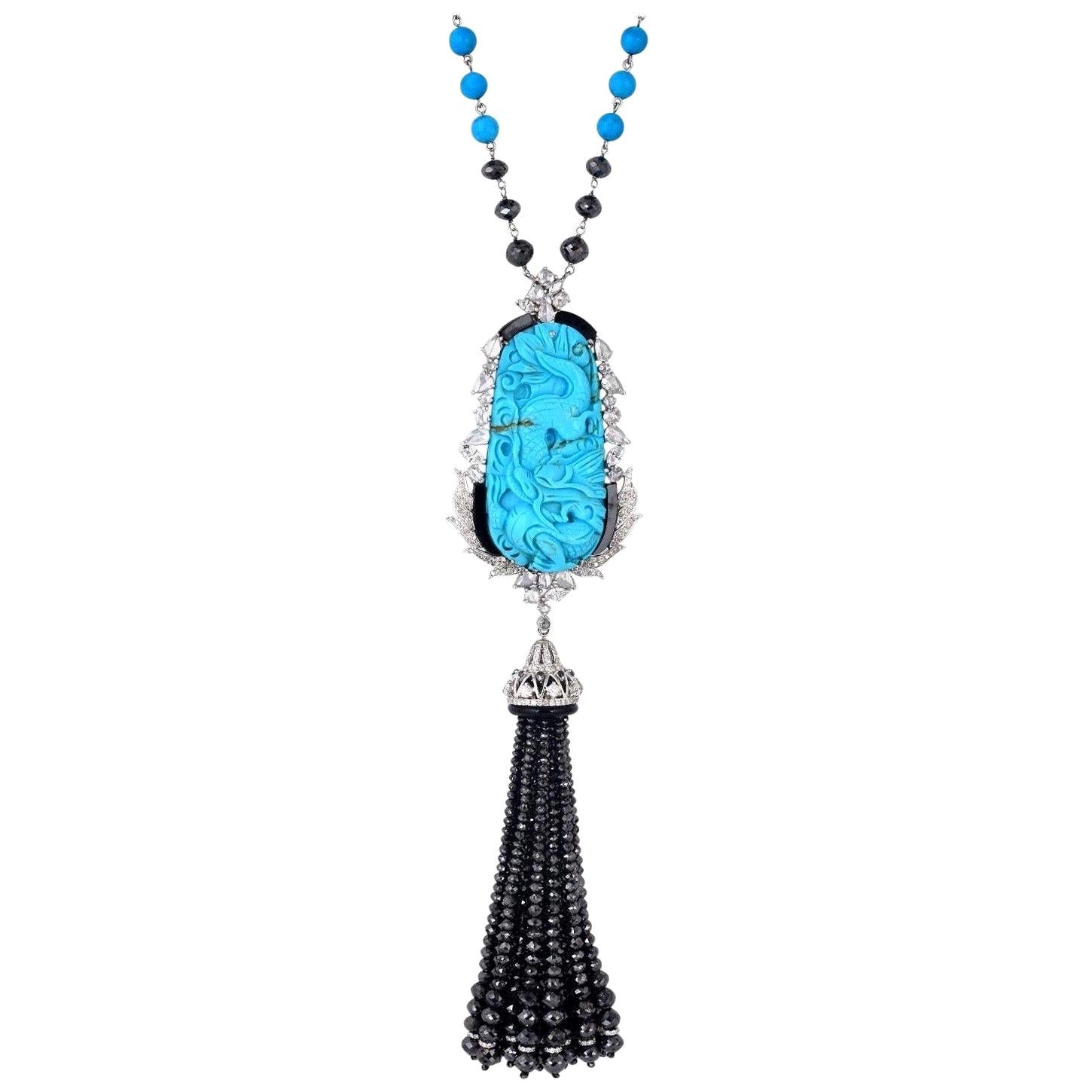 129.61 Carat Diamond Carved Turquoise 18 Karat Gold Tassel Pendant Necklace For Sale
