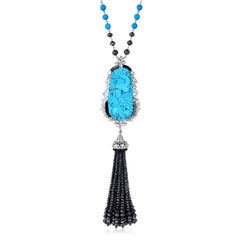129.61 Carat Diamond Carved Turquoise 18 Karat Gold Tassel Pendant Necklace